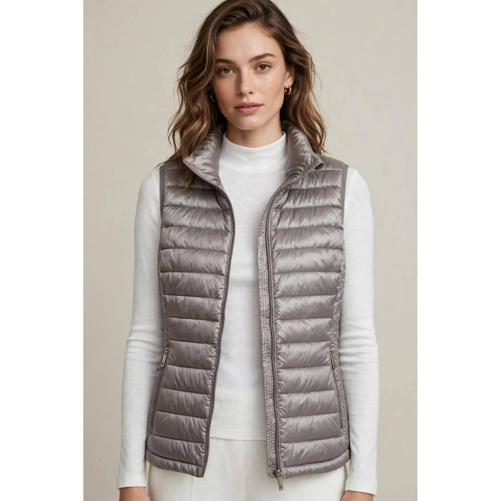 Tommy Hilfiger Vest Women M Taupe Packable Lightweight Puffer Quilted Full Zip